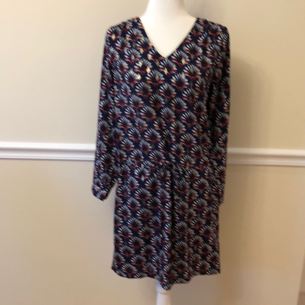 By One Women’s Navy Blue Dress with Red and Gold Design Size S/M EUC